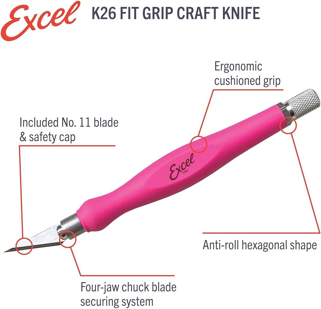 Excel Blades Fit Grip Craft Knife With #11 Ultra-Sharp Carbon Steel Angled Blade – Precision Hobby Knife with Contoured Rubberized Grip for DIY, Art Crafts, and Model Projects – Pink, Made in the USA - Image 6