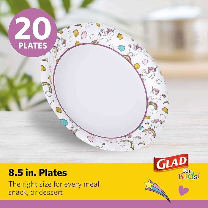 Glad for Kids Unicorn Theme Disposable Paper Plates, Heavy-Duty Soak-Proof Round Plates for Kids Birthdays, Parties, and Everyday Meals, Microwave Safe, 8.5 Inch, 20 Count - Image 3