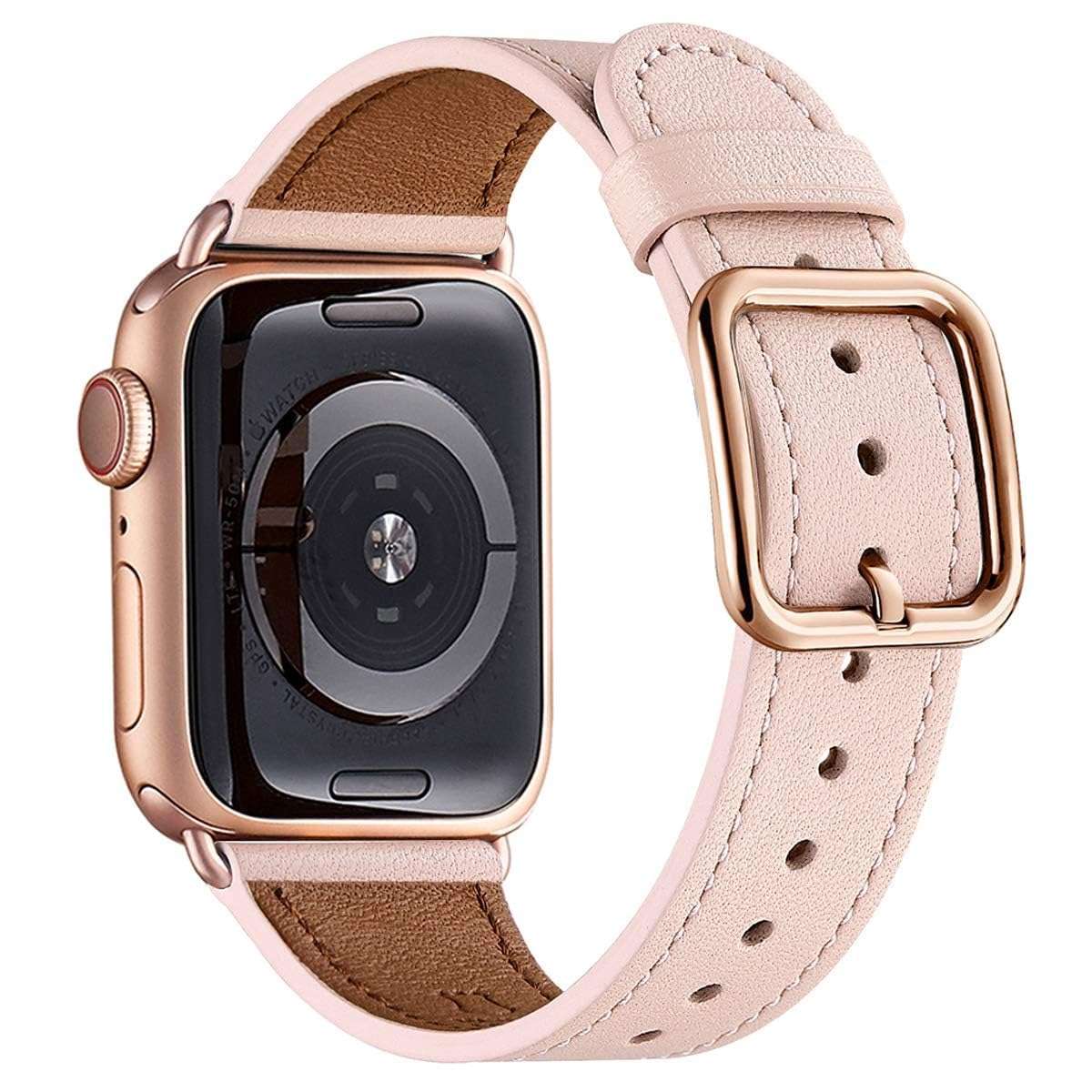 MNBVCXZ Leather Bands Compatible with Apple Watch Band Women, Womens Genuine Replacement Strap for iWatch Series 11 10 9 8 7 6 5 4 3 2 1 SE 3 SE 2 SE (42mm 41mm 40mm 38mm, Pink Sand/Rose Gold) - Image 1