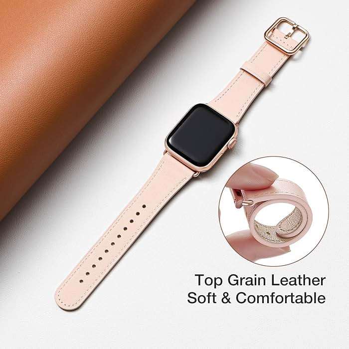 MNBVCXZ Leather Bands Compatible with Apple Watch Band Women, Womens Genuine Replacement Strap for iWatch Series 11 10 9 8 7 6 5 4 3 2 1 SE 3 SE 2 SE (42mm 41mm 40mm 38mm, Pink Sand/Rose Gold) - Image 2