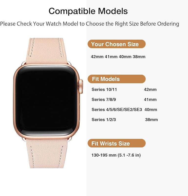 MNBVCXZ Leather Bands Compatible with Apple Watch Band Women, Womens Genuine Replacement Strap for iWatch Series 11 10 9 8 7 6 5 4 3 2 1 SE 3 SE 2 SE (42mm 41mm 40mm 38mm, Pink Sand/Rose Gold) - Image 4