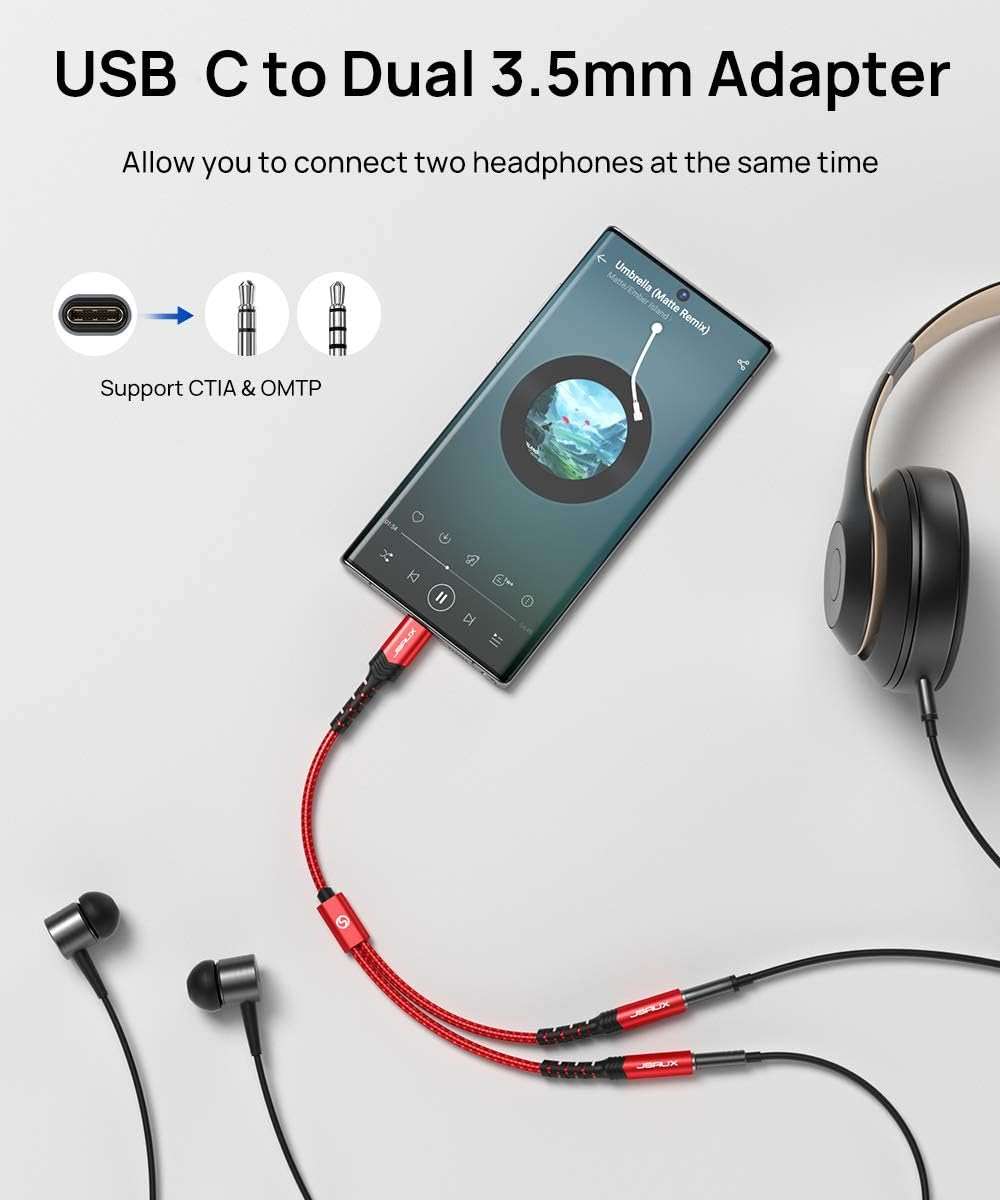JSAUX USB C to Dual 3.5mm Female Headphone Splitter, Type C to Dual 3.5mm Female Aux Y Jack Headphone Adapter Compatible with iPhone 16 Pro Max/15 Pro Max, Galaxy S24/23 Ultra, Pixel, iPad Pro-Red - Image 6