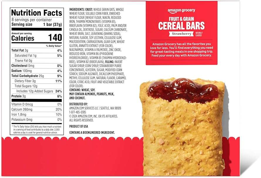 Amazon Grocery, Fruit & Grain Cereal Bars, Strawberry, 10.4 Oz, 8 Ct - Image 2