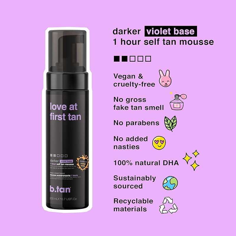 b.tan Violet Self Tanner Kit | Fall In Love at First Tan Bundle - Dark Tanning Mousse with Mitt Applicator, 1 Hour Express, Best Bronzing Glow, No Orange Tones or Fake Tan Smell, Vegan, 6.7 Fl Oz - Image 3