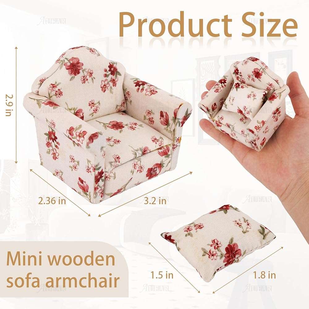AUEAR, 1:12 Mini Wooden Sofa Arm Chair Furniture for Living Room - Image 3