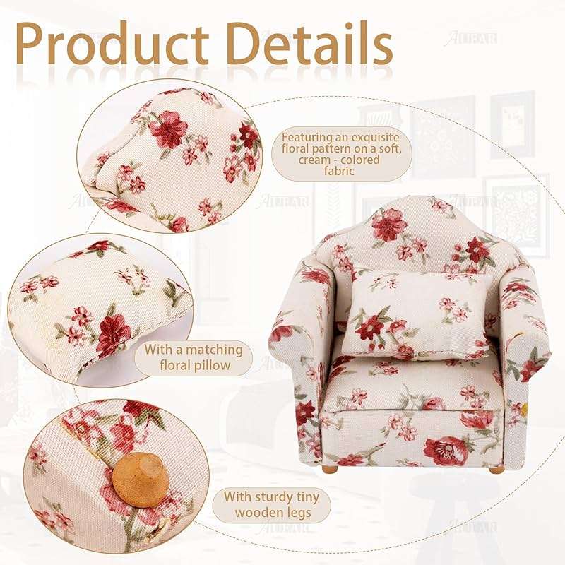AUEAR, 1:12 Mini Wooden Sofa Arm Chair Furniture for Living Room - Image 4