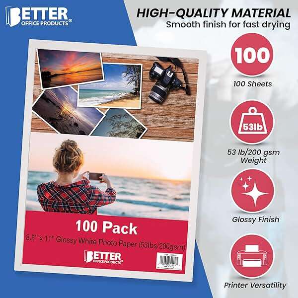 Better Office Products Glossy Photo Paper, 8.5 x 11 Inch, 100 Sheets, 200 gsm/53LBS, Letter Size, 100-Count Pack - Image 3