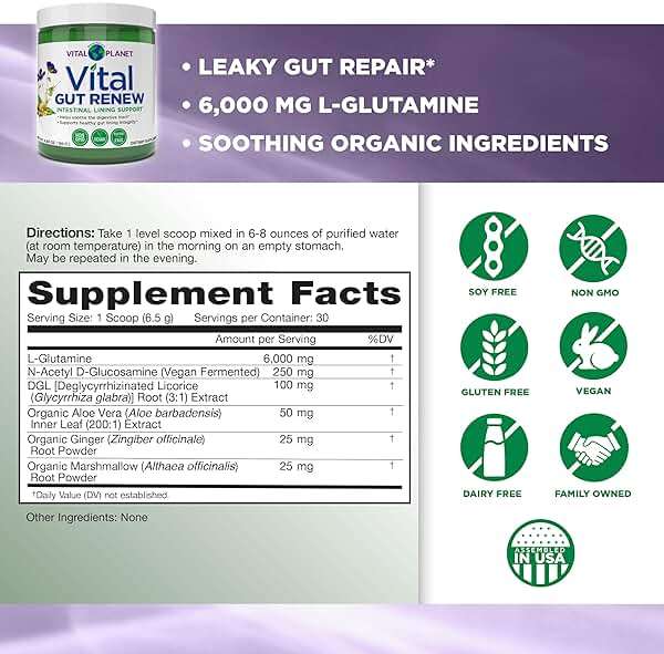 Vital Planet - Vital Gut Renew Powder Supplement for Leaky Gut Repair with L-Glutamine, Marshmallow and Ginger Root, DGL Licorice Root and Organic Aloe Vera, L Glutamine 6000mg 6.88 oz - Image 2