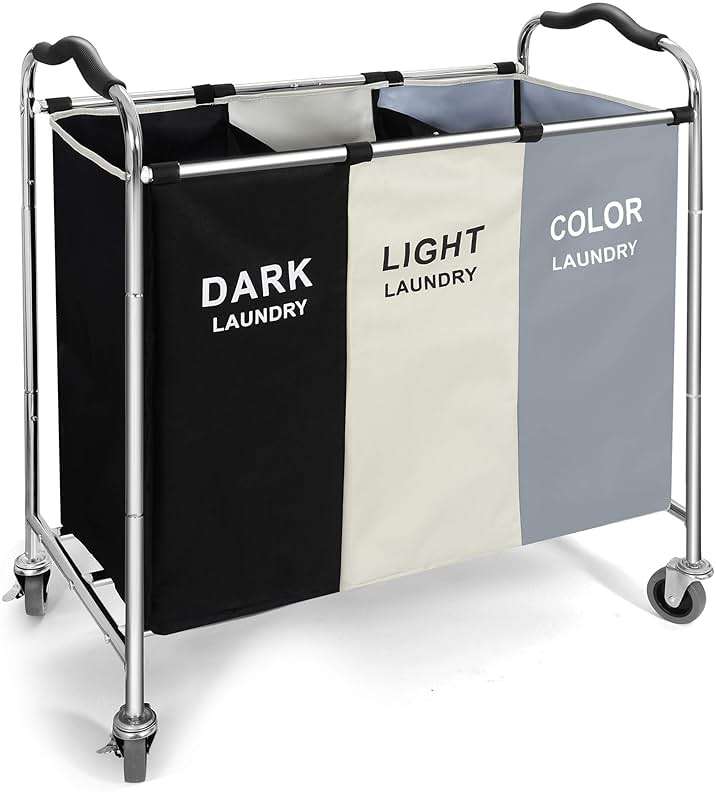 Laundry Basket with Wheels, 240l Laundry Hamper with 3 Section Laundry Bag for Dirty Clothes, Dorm Room Essentials, Towel Organization & Toys Storage Laundry Cart in Laundry Room Organization - Image 1