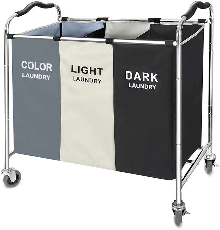 Laundry Basket with Wheels, 240l Laundry Hamper with 3 Section Laundry Bag for Dirty Clothes, Dorm Room Essentials, Towel Organization & Toys Storage Laundry Cart in Laundry Room Organization - Image 4