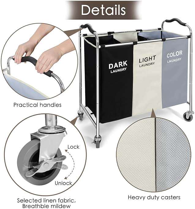 Laundry Basket with Wheels, 240l Laundry Hamper with 3 Section Laundry Bag for Dirty Clothes, Dorm Room Essentials, Towel Organization & Toys Storage Laundry Cart in Laundry Room Organization - Image 5