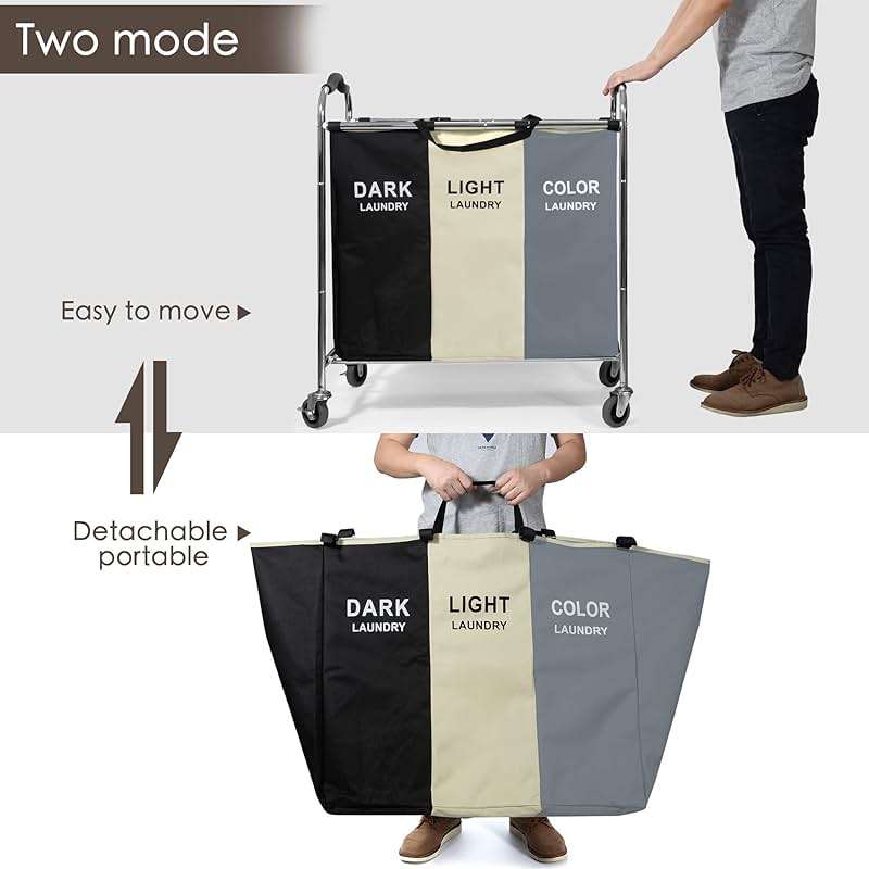 Laundry Basket with Wheels, 240l Laundry Hamper with 3 Section Laundry Bag for Dirty Clothes, Dorm Room Essentials, Towel Organization & Toys Storage Laundry Cart in Laundry Room Organization - Image 6