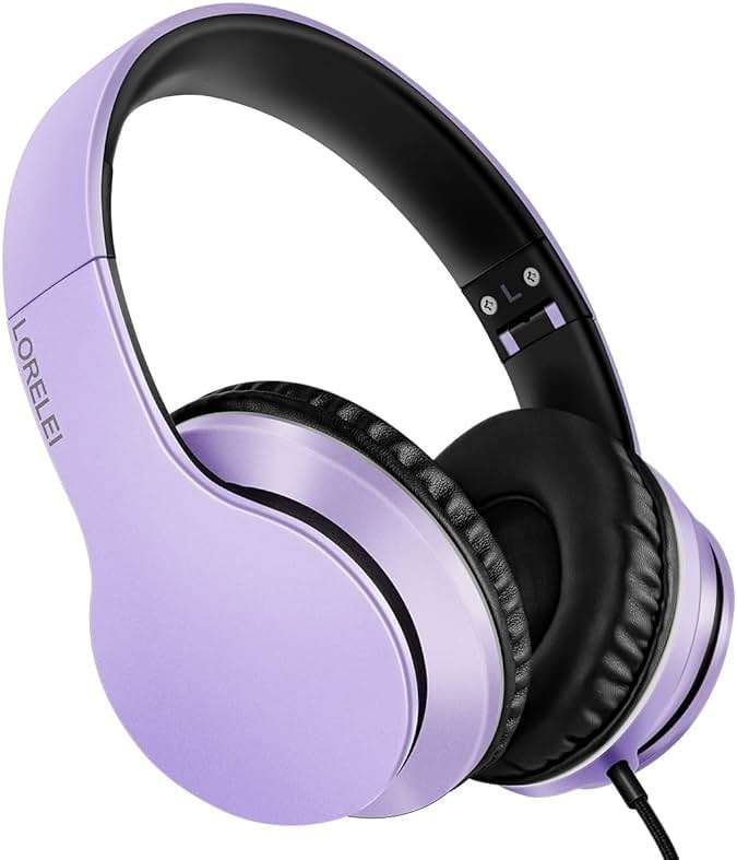 Lorelei X6 Over-Ear Headphones with Microphone, Purple-Black Lightweight Foldable & Portable Stereo Bass, Wired for Smartphone & Tablet, MP3 (1.45M No-Tangle) - Image 1