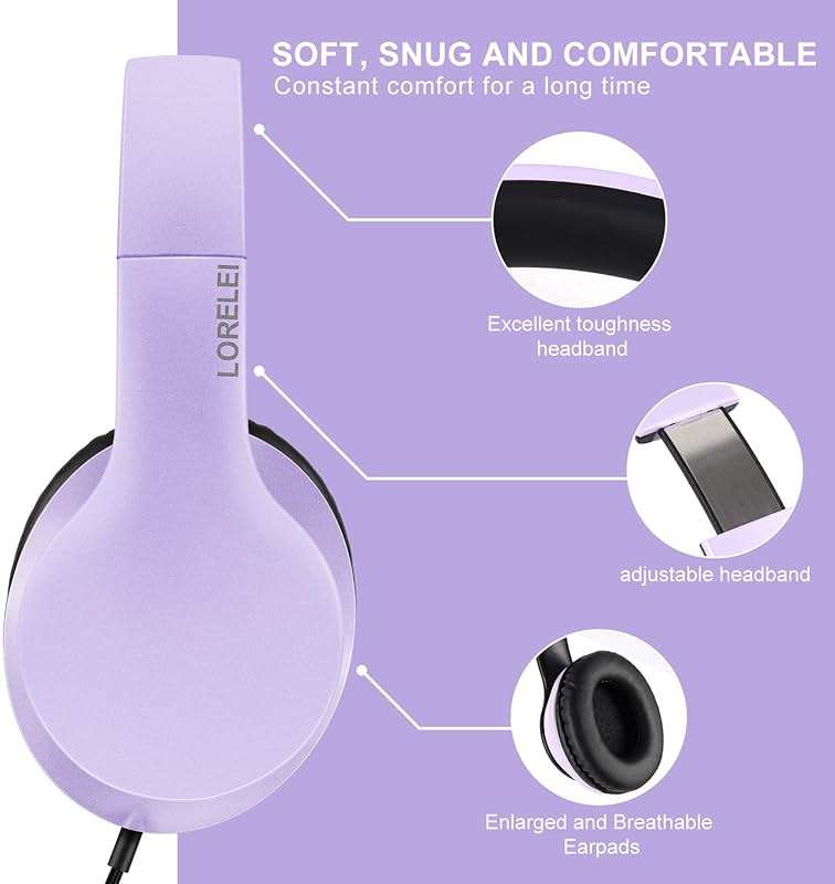 Lorelei X6 Over-Ear Headphones with Microphone, Purple-Black Lightweight Foldable & Portable Stereo Bass, Wired for Smartphone & Tablet, MP3 (1.45M No-Tangle) - Image 3