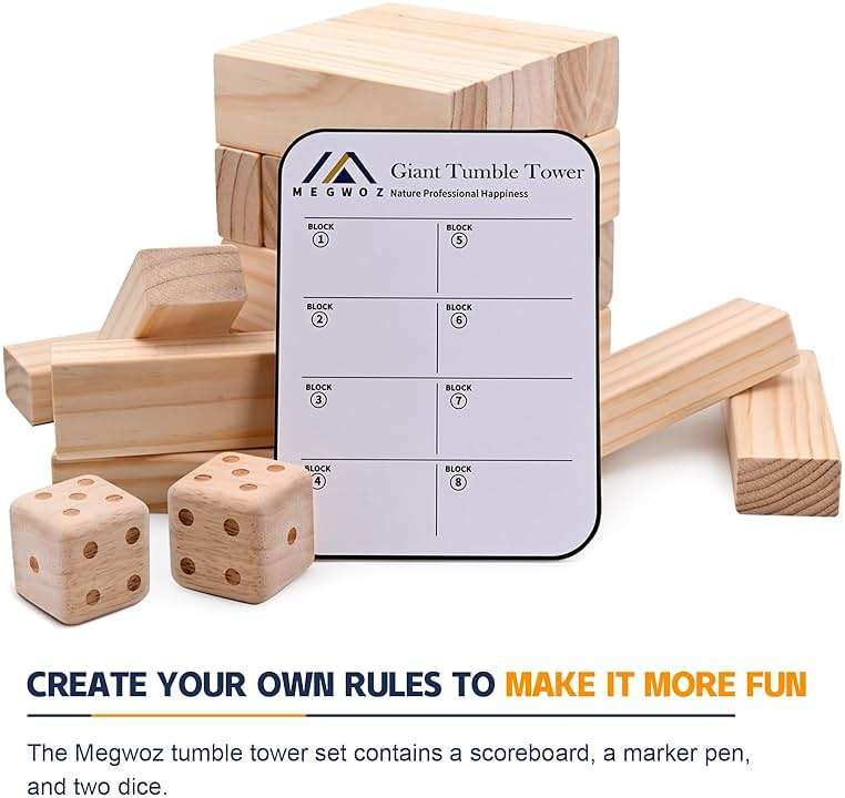 Megwoz Giant Tumble Tower 57 Blocks Stacking Timber Game, Large Wooden Yard Toys for Adults & Kids, Family Outdoor Indoor Party Games with Carry Bag to Over 4.2FT New Zealand Pine - Image 6