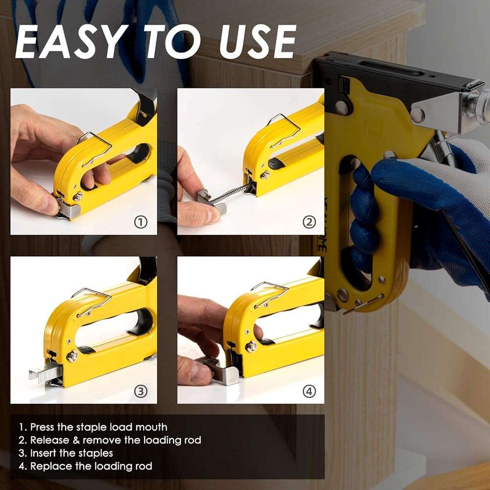 Upholstery 4 in 1 Staple Gun Heavy Duty, with 6000 Staples, Remover, Gloves, Manual Brad Nailer Power Adjustment Stapler Gun for Wood, Upholstery, Carpentry, Decoration DIY Staple Gun - Image 4