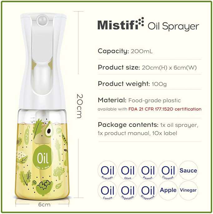 Mistifi Oliver Oil Sprayer for cooking, Spray bottle 6oz, Non-Aerosol Refillable Dispenser Oil Mister FS601 Green Vegetable - Image 7
