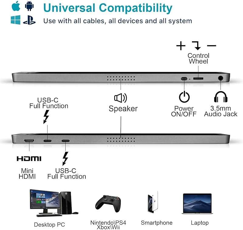 KYY Portable Monitor 15.6inch 1080P FHD USB-C, HDMI Computer Display HDR IPS Gaming Monitor w/Premium Smart Cover & Screen Protector, Speakers, for Laptop PC MAC Phone PS4 Xbox Switch - Image 5