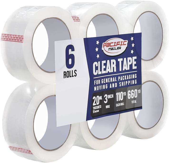 Pacific Mailer Clear Packing Tape, Packaging Tape for Shipping Packaging Moving Sealing, 3 Inch Wide, 2.0mil Thickness, 110 Yard Per Roll [Pack of 6 Rolls] - Image 1