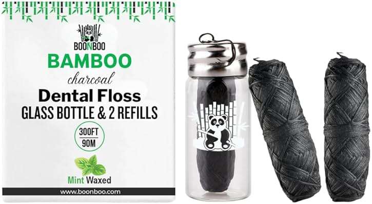 BOONBOO Dental Floss, Bamboo Charcoal Woven Threads, Refillable Glass Bottle, 3 Pieces, Mint - Image 1