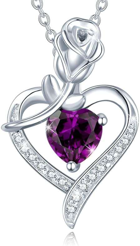 AGVANA Rosy Reverie Birthstone Necklace for Women Sterling Silver Genuine or Created Gemstone Rose Flower Heart Pendant Necklace Anniversary Birthday Gifts for Women Mom Wife Her - Image 1