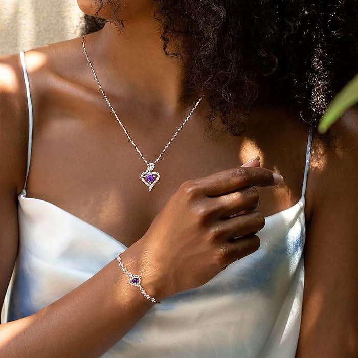 AGVANA Rosy Reverie Birthstone Necklace for Women Sterling Silver Genuine or Created Gemstone Rose Flower Heart Pendant Necklace Anniversary Birthday Gifts for Women Mom Wife Her - Image 3