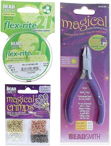 The Beadsmith Magical Crimper Kit - Includes Crimp Forming Pliers, 500 2x2 mm Crimp Tubes in Assorted Colors, and 21-Strand Flex-Rite Wire - Image 1