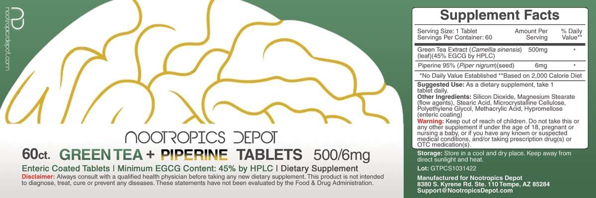Nootropics Depot Green Tea Extract Tablets | 60 Count | 500mg | Minimum 45% EGCG + 6mg Piperine | Enteric Coated - Image 2
