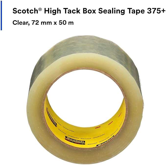 3M Scotch High Tack Box Sealing Tape 375+, Film Backing with Synthetic Rubber Adhesive, Clear Color, 72 mm x 50 m, 24/Case - Image 2