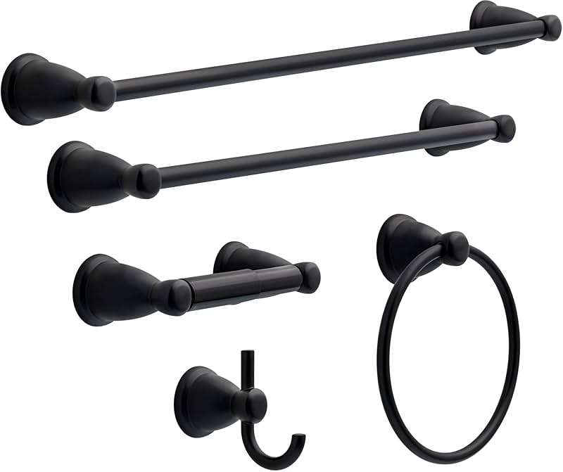 Franklin Brass 5-Piece Matte Black Bathroom Set (2) Towel Racks, Ring, Toilet Paper Holder, Hook | Kinla Bath Accessories - Image 1