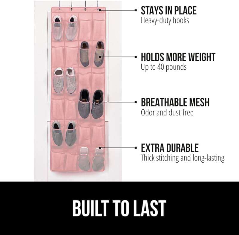 GORILLA GRIP Over the Door Shoe Organizer, 24 Large Breathable Mesh Pockets, Space Saving Hanging Storage Holder, Closet Rack Hanger Holds Up to 40 lbs, Hangs on Closets for Shoes, Accessories, Pink - Image 3