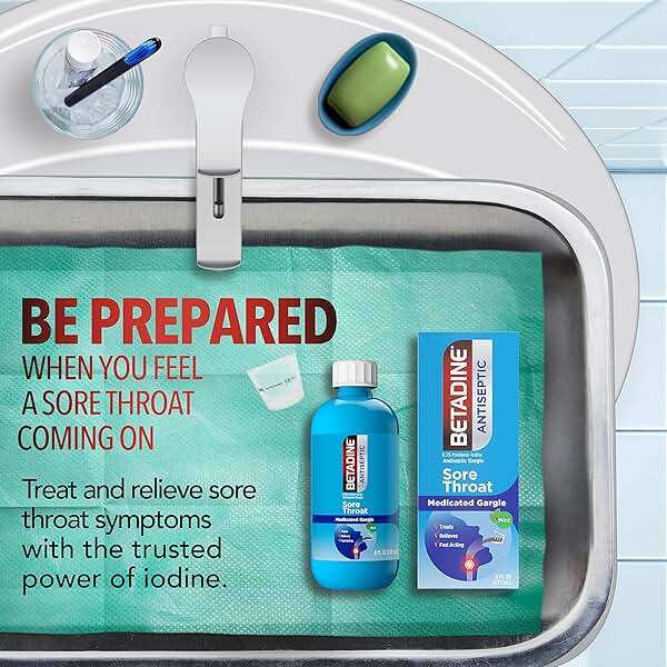 Betadine Sore Throat Relief Gargle, 8 Oz, Fast Acting Antiseptic with Povidone-Iodine 0.5%, Sore Throat Medicine, Mint Flavor - Image 3