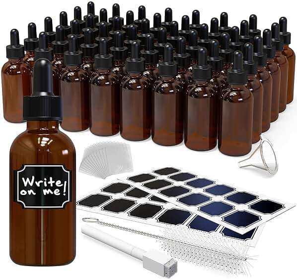 Nevlers Amber Glass Dropper Bottle 2 Oz 48 PK | Leakproof Empty Eye Dropper Bottle Set w/Funnel, Brush, Shrink Wrap, Marker & Labels | Reusable Tincture Bottles with Droppers | Glass Droppers for Oils - Image 1