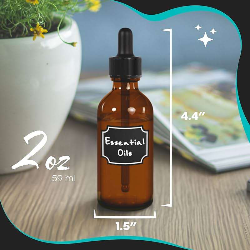 Nevlers Amber Glass Dropper Bottle 2 Oz 48 PK | Leakproof Empty Eye Dropper Bottle Set w/Funnel, Brush, Shrink Wrap, Marker & Labels | Reusable Tincture Bottles with Droppers | Glass Droppers for Oils - Image 2