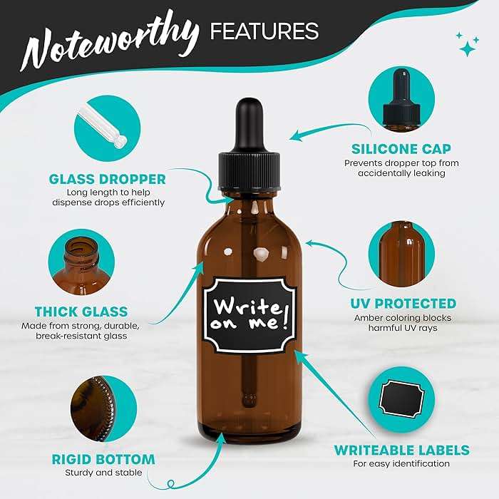 Nevlers Amber Glass Dropper Bottle 2 Oz 48 PK | Leakproof Empty Eye Dropper Bottle Set w/Funnel, Brush, Shrink Wrap, Marker & Labels | Reusable Tincture Bottles with Droppers | Glass Droppers for Oils - Image 3