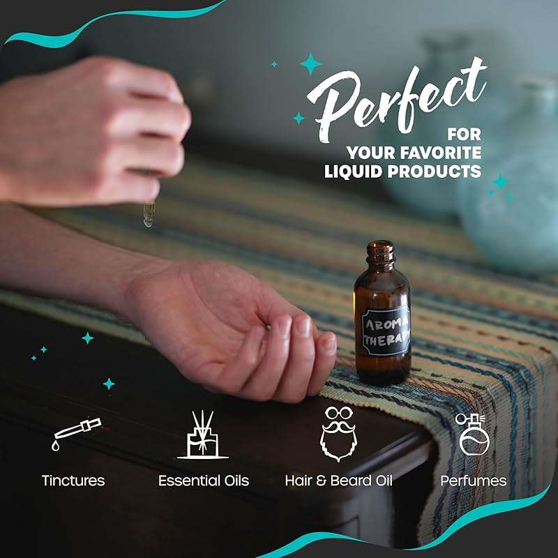 Nevlers Amber Glass Dropper Bottle 2 Oz 48 PK | Leakproof Empty Eye Dropper Bottle Set w/Funnel, Brush, Shrink Wrap, Marker & Labels | Reusable Tincture Bottles with Droppers | Glass Droppers for Oils - Image 8