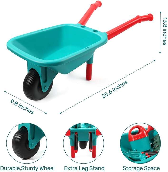 CUTE STONE Kids Gardening Tool Set, Garden Toys with Wheelbarrow, Watering Can, Gardening Gloves, Hand Rake, Shovel, Trowel, Double Hoe, Apron with Pockets, Outdoor Indoor Toys Gift for Boys Girls - Image 3