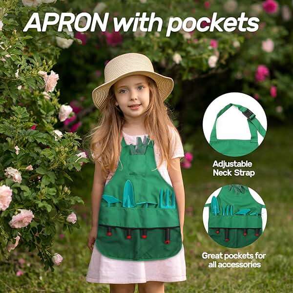 CUTE STONE Kids Gardening Tool Set, Garden Toys with Wheelbarrow, Watering Can, Gardening Gloves, Hand Rake, Shovel, Trowel, Double Hoe, Apron with Pockets, Outdoor Indoor Toys Gift for Boys Girls - Image 4