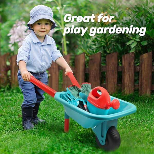 CUTE STONE Kids Gardening Tool Set, Garden Toys with Wheelbarrow, Watering Can, Gardening Gloves, Hand Rake, Shovel, Trowel, Double Hoe, Apron with Pockets, Outdoor Indoor Toys Gift for Boys Girls - Image 5