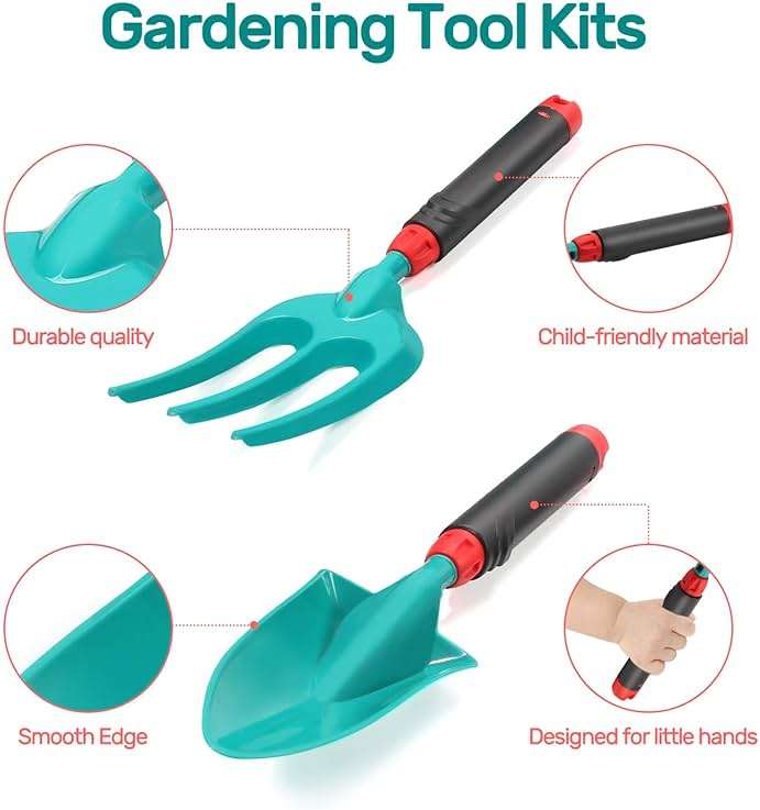 CUTE STONE Kids Gardening Tool Set, Garden Toys with Wheelbarrow, Watering Can, Gardening Gloves, Hand Rake, Shovel, Trowel, Double Hoe, Apron with Pockets, Outdoor Indoor Toys Gift for Boys Girls - Image 7