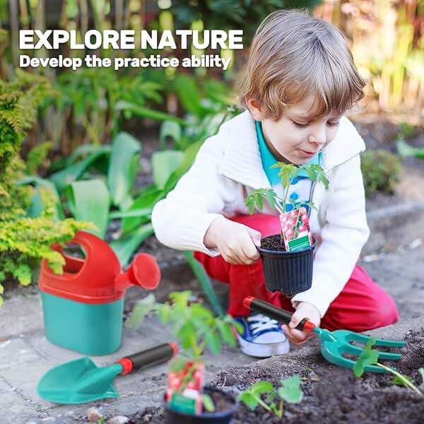 CUTE STONE Kids Gardening Tool Set, Garden Toys with Wheelbarrow, Watering Can, Gardening Gloves, Hand Rake, Shovel, Trowel, Double Hoe, Apron with Pockets, Outdoor Indoor Toys Gift for Boys Girls - Image 8