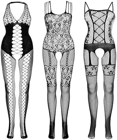 Fengek 3 Packs Women Fishnet Bodysuits, Stockings Sleepwear Lingerie for Couple Dating Nightwear, Black - Image 1