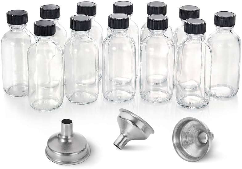 AOZITA 12 Pack, 2 oz Small Clear Glass Bottles w/Lid & 3 Funnels - 60ml Boston Shot Bottles for Health, Immunity, Potion, Wellness, Sample, Ginger, Juice - Mini Personal Care & Beauty Travel Bottle - Image 1