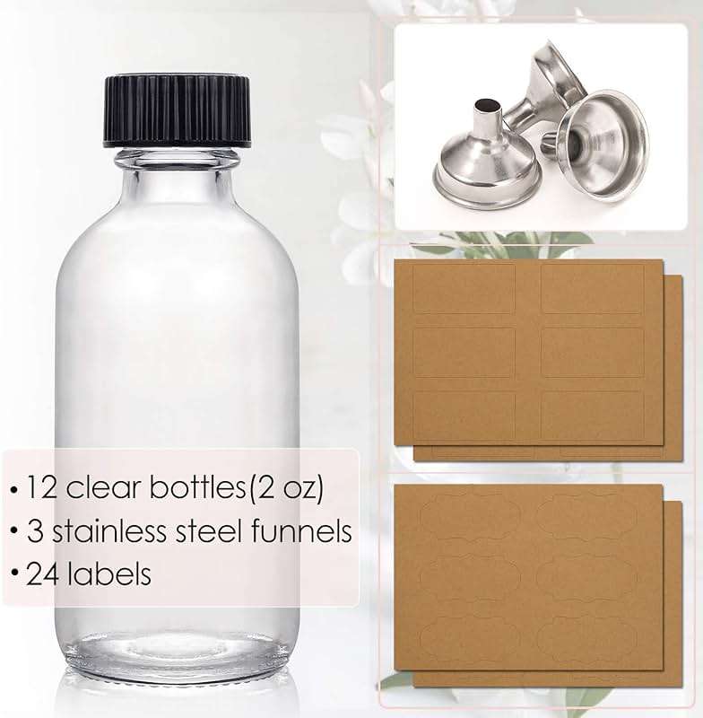 AOZITA 12 Pack, 2 oz Small Clear Glass Bottles w/Lid & 3 Funnels - 60ml Boston Shot Bottles for Health, Immunity, Potion, Wellness, Sample, Ginger, Juice - Mini Personal Care & Beauty Travel Bottle - Image 4