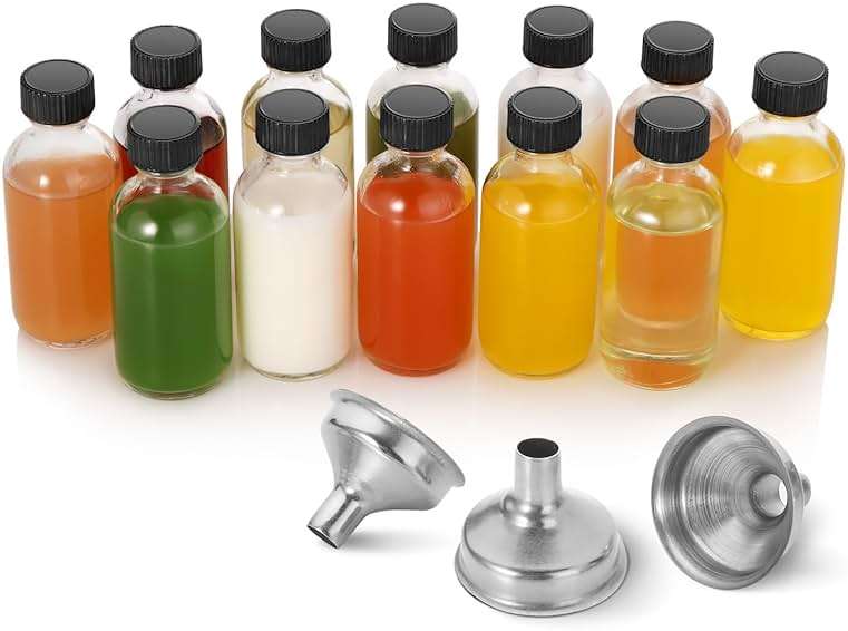 AOZITA 12 Pack, 2 oz Small Clear Glass Bottles w/Lid & 3 Funnels - 60ml Boston Shot Bottles for Health, Immunity, Potion, Wellness, Sample, Ginger, Juice - Mini Personal Care & Beauty Travel Bottle - Image 8