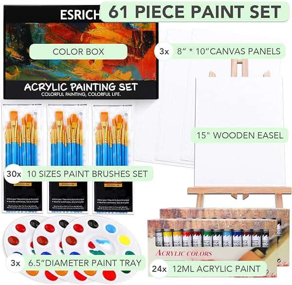 ESRICH Acrylic Paint Set,Painting Supplies with 2 PCS of 12 Colors Acrylic Paint,1 Easel 3 Canvas 30 Paintbrushes and 3 Palettes, Paint Kit for Kids, Students, Artists and Beginner - Image 7