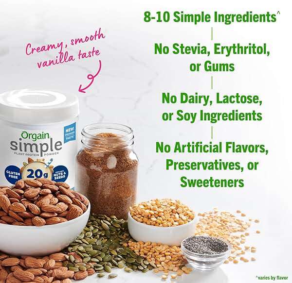 Orgain Organic Simple Vegan Protein Powder, Vanilla - 20g Plant Based Protein, Made with less Ingredients, No Artificial Sweeteners, Gluten Free, No Dairy or Lactose, 1.25 lb (Packaging May Vary) - Image 6
