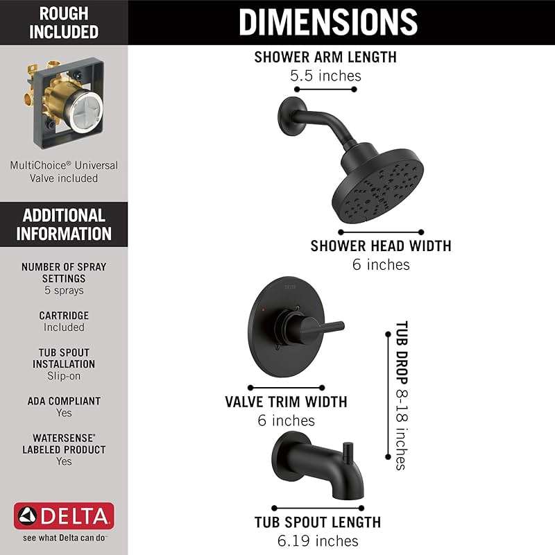 Delta Nicoli 14 Series H2Okinetic Bathtub and Shower Faucet Set, Matte Black Shower Head and Handle Set, Valve Trim Kit, Matte Black 144749-BL (Valve Included) - Image 5