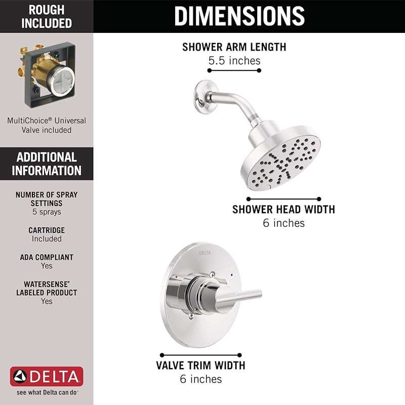 Delta Nicoli 14 Series H2Okinetic Shower Faucet Set, Chrome Shower Head and Handle Set, Valve Trim Kit, Chrome 142749 (Valve Included) - Image 5
