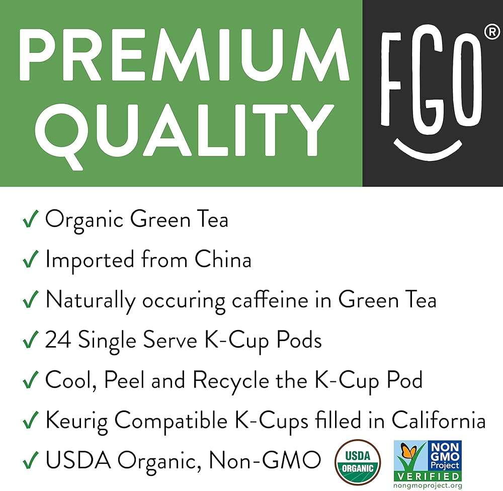 FGO Organic Green Tea K-Cup Pods for Keurig, 24 Count (Pack of 1), Premium Green Tea is USDA Organic, Non-GMO, & Recyclable with Naturally Occurring Caffeine - Image 2